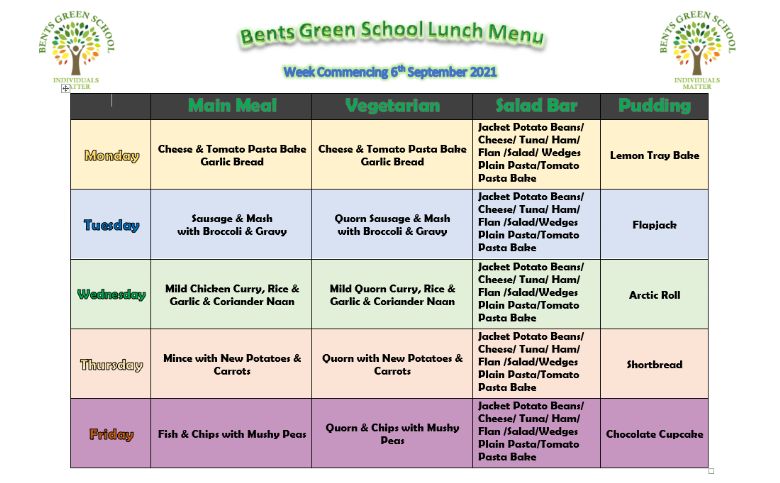 Bents Green School - Dinner Menu